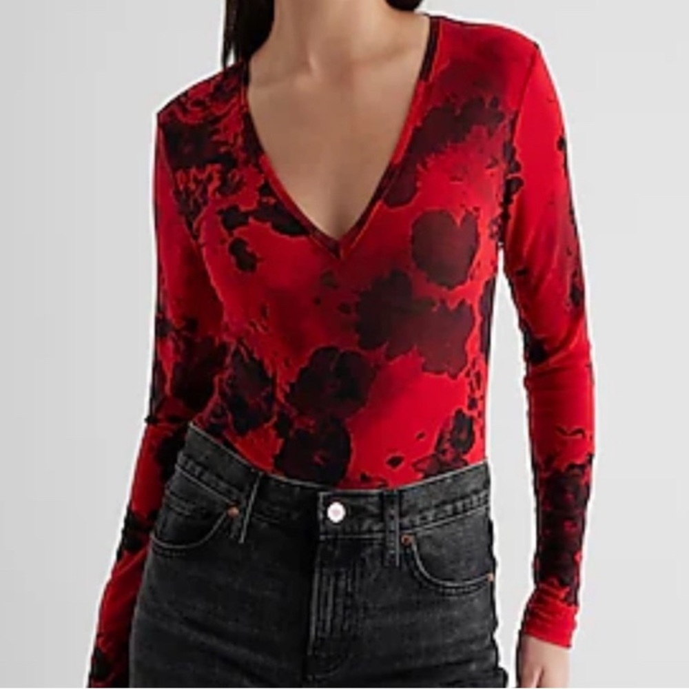 NWT Express semi sheer floral body suit red black long sleeve snap v neck